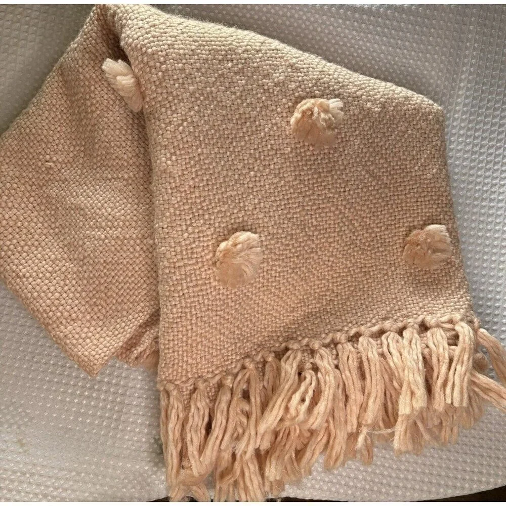 Pier 1 Imports Throw Blanket Dusty Rose Pink Pom‎ Pom Fringe